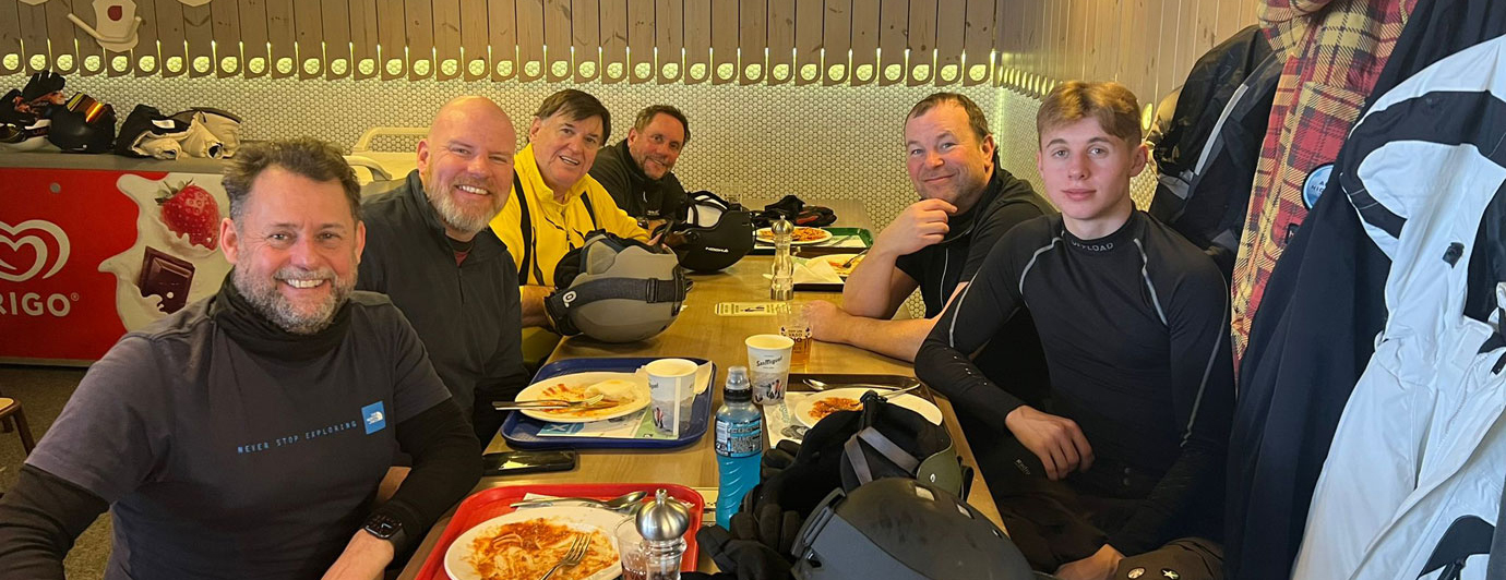 Pictured from left to right, having lunch on the mountain, are: Darren Clemson, Chris Hill, Ray Lamb, Andrew Bradshaw, Darron Clarke and Cameron Clemson.