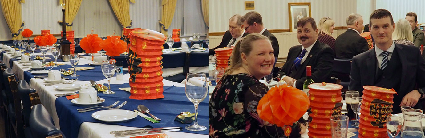 Pictured left: The Chinese themed festive board. Pictured right from left to right in the foreground, are: Vicky Modlin, Alan Barnes and Ryan Modlin.