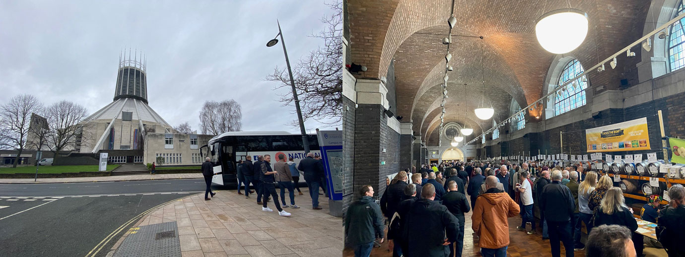 Pictured left: Liverpool’s Catholic Cathedral Beer Festival arrival. Pictured right: Inside Lutyens Crypt with wall-to-wall beer and ciders.