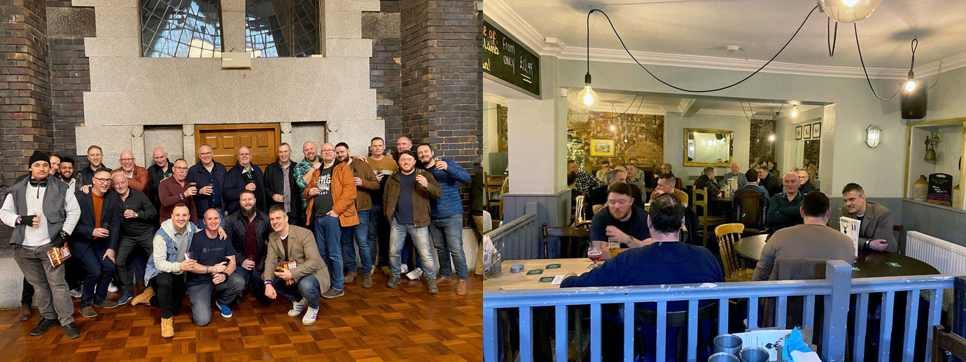 Pictured left: Group picture of nearly everyone on the trip. Pictured right: Back in Leyland for part two with more stood at the bar.