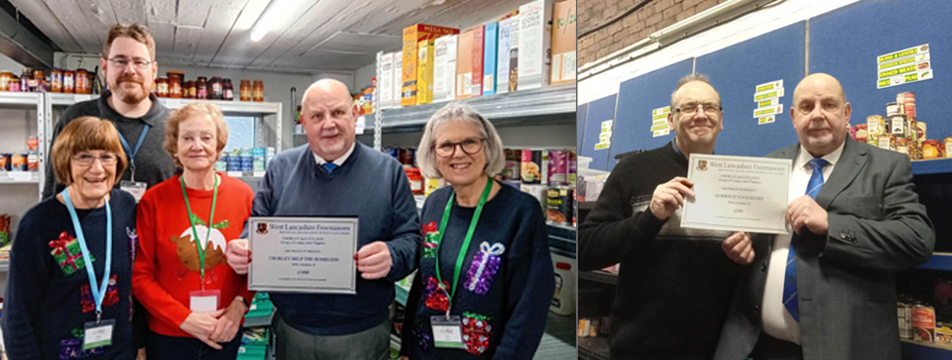Pictured left: Chorley Help the Homeless, Gavin Clayton (left), along with some of the volunteers and Colin Preston. Pictured right: Horwich Foodshare, Peter Wright (left) and Colin Preston.