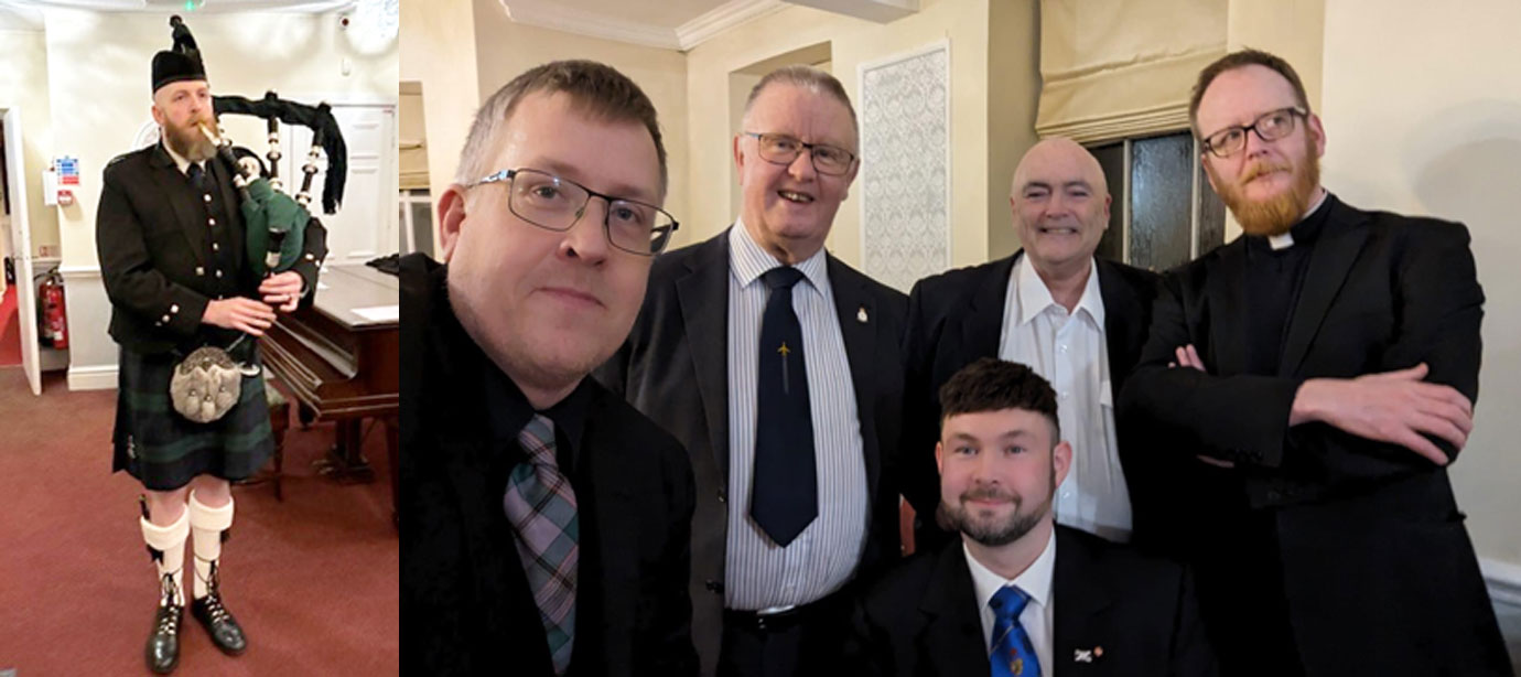 Pictured left: Piper Garry Hacking providing some authentic Scottish tunes. Pictured right from left to right, are; two non-Masonic friends of the lodge with Paul Wharton-Hardman, Ray McLaughlin and Rev Matthew McMurray.