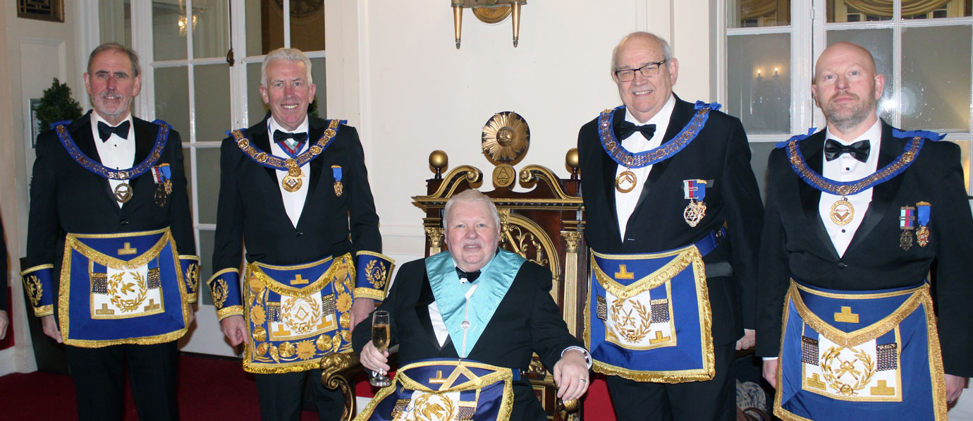 Pictured from left to right, are: Frank Umbers, Mark Matthews, Paul Shepherd (in the Georgian master’s Chair), Phillip Gunning and Malcolm Bell.