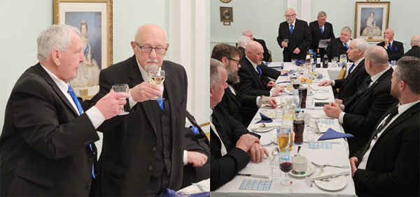 Pictured left: John Leisk (right) taking wine with Roy Ashley. Pictured right: John addressing the brethren at the festive board. 