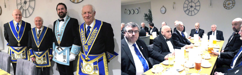 Pictured left from left to right, are: David Atkinson, George Wilkinson, Michael Daly and Stewart Cranage. Pictured right: Brethren enjoy the festive board.