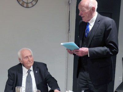 David Rimmer (right) presents a birthday card to George Wilkinson.