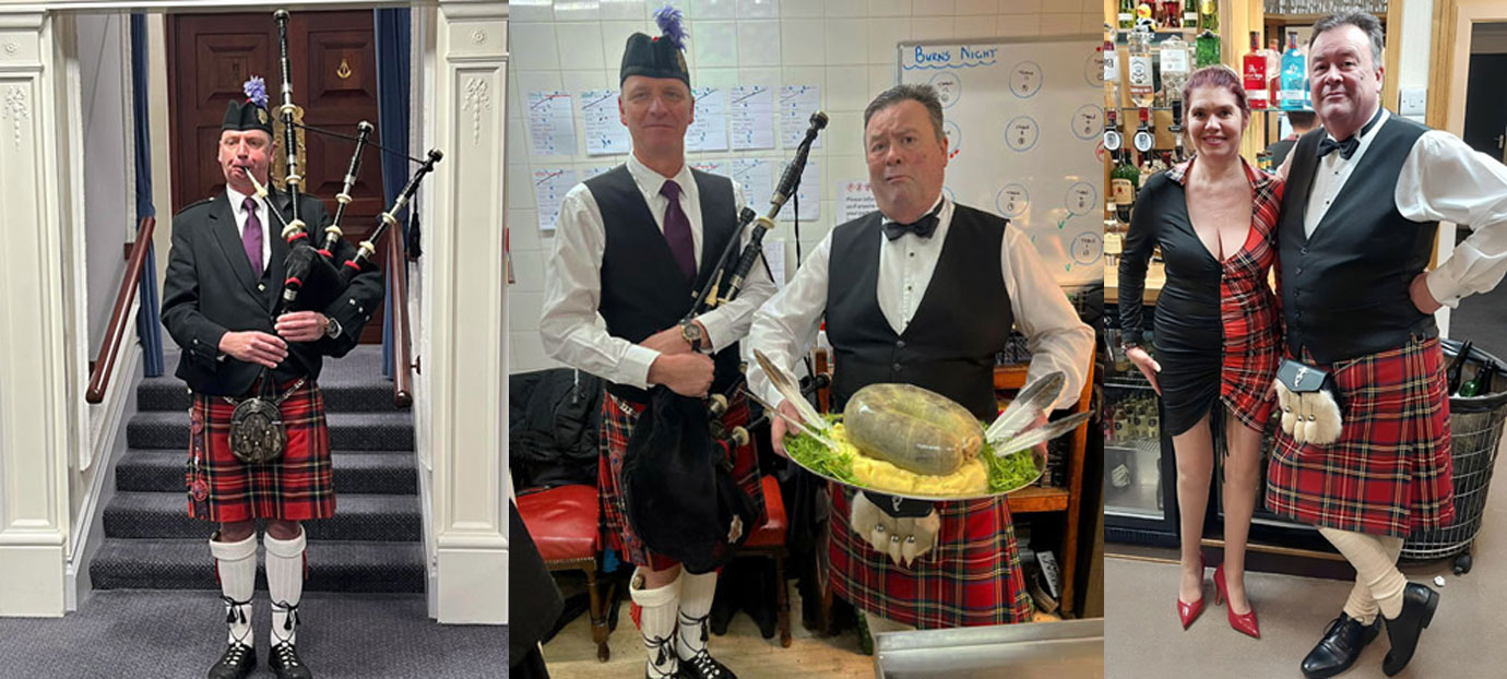 Pictured left: Steve Plumb playing outside St Annes lodge room. Pictured centre: Steve Plumb (left) watches John Nicholls struggling to hold the giant Haggis. Pictured right: Pam and John Nicholls dressed for the part, working behind the bar