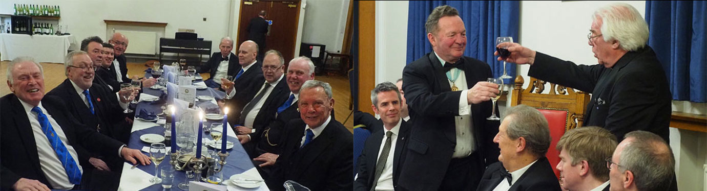 Pictured left: Brethren enjoying the festive board. Pictured right: Godfrey Hirst (right) toasting Roger Grocott during the Master’s Song