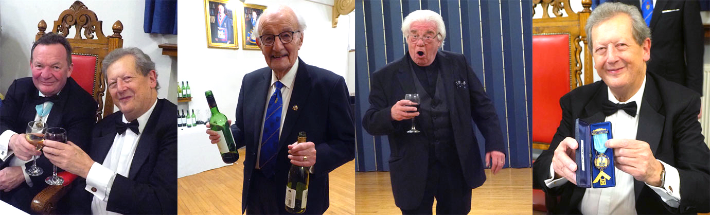 Pictured from left to right, are: Roger Grocott (left) and Tony Smith enjoy wine. Next: George Coulter while serving wine. Next: Godfrey Hirst singing the master’s song. Next: Tony Smith showing off his past master’s jewel