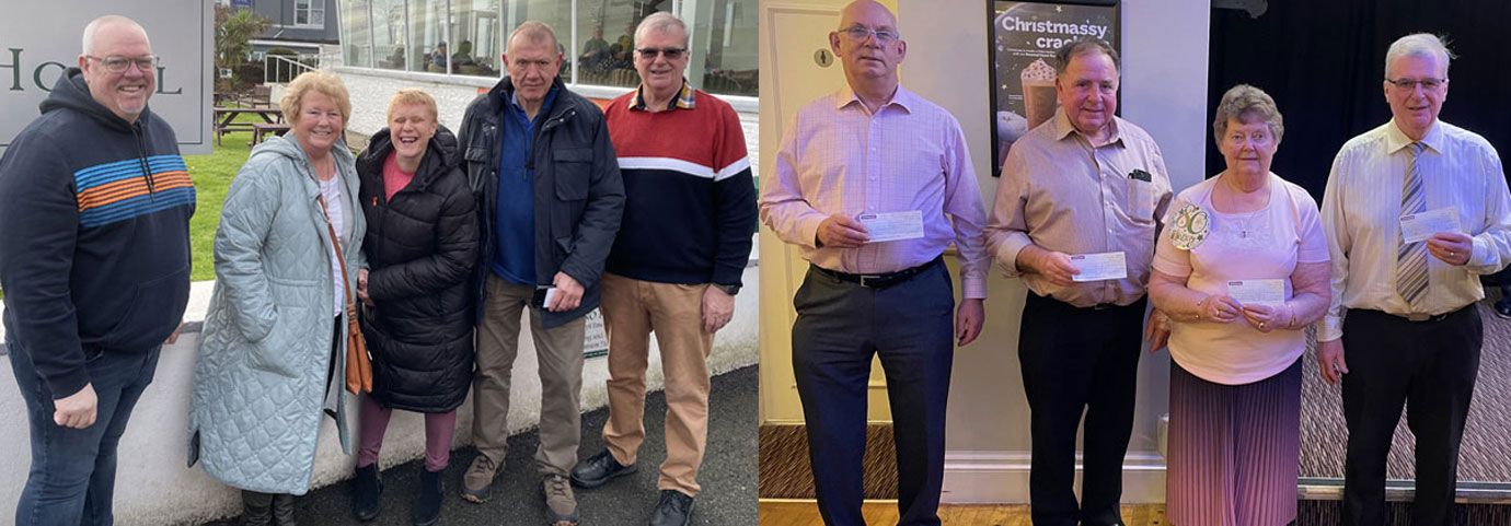 Pictured left from left to right, are: Ian Green, Margaret Brogan, Sarah brogan, Dave Brogan and John Selley. Pictured right from left to right, are the four recipient groups, Dave Whitmore, Graham Chambers, Pam Pearson and John Selley.