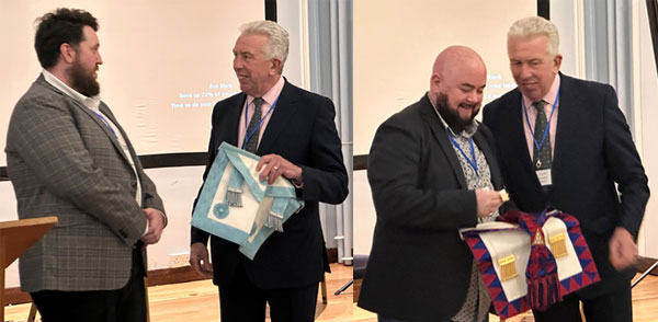 Pictured left: Wayne Banner (left) receiving his master Masons’ apron from Mark Matthews. Pictured right: Mathew Taylor (left), now the proud owner of his Royal Arch regalia presented by Mark Matthews.