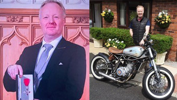 Pictured left: Frank receiving his MBE in March 2023. Pictured right: Frank with one of his motorbikes.