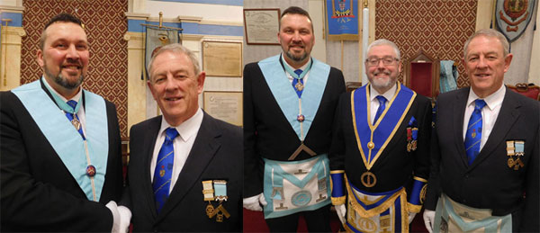 Pictured left: Installing master Keith Lancaster (left) congratulates his successor, Tom Irving. Pictured right from left to right, are: Keith Lancaster, David Rigby and Tom Irving. 
