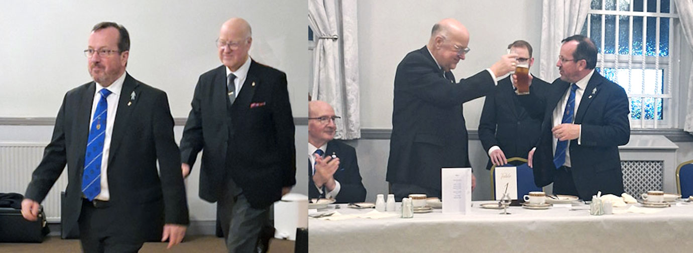 Pictured left: Rob Smith (left) and Stephen Walls attending the festive board. Pictured right: Stephen Walls (left) toasts the new WM Rob Smith.