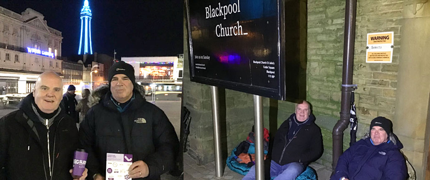 Pictured left: Shaun Keane (left) with Darren Collins preparing for the night ahead. Pictured right: Shaun (left) and Darren comfortably ensconced outside St John’s Church, Blackpool.