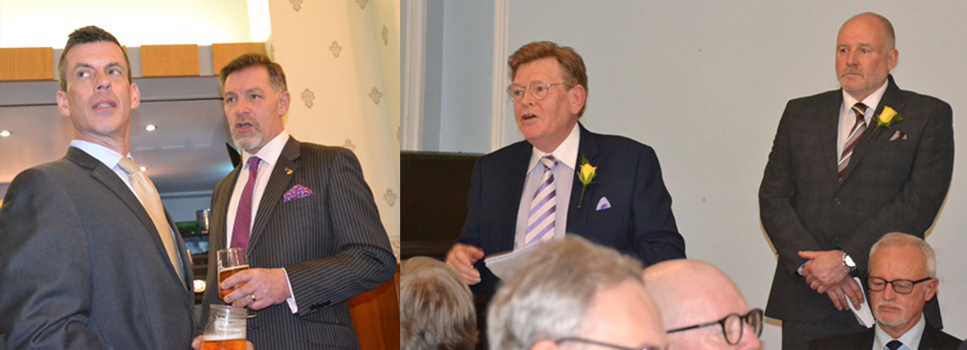 Pictured left: Richard Gilet (left) and Chris Taylor enjoying a drink or two. Pictured right: Kevin (left) in full flow as he replies to the toast to his health.