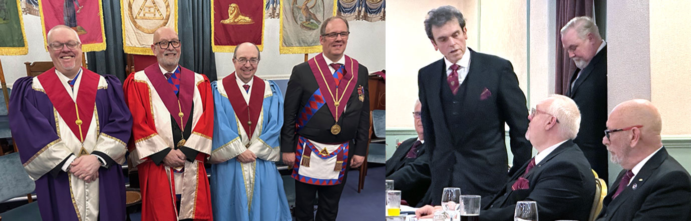 Pictured left from left to right, are: Ian Green, Stephen Hulse, Karl Greenall and Martin Stewart. Pictured right: Michael congratulates the three principals at the festive banquet. Pictured from left to right, are: Michael Threlfall, Ian Green and Stephen Hulse with ProvDGDC Gary Smith behind.