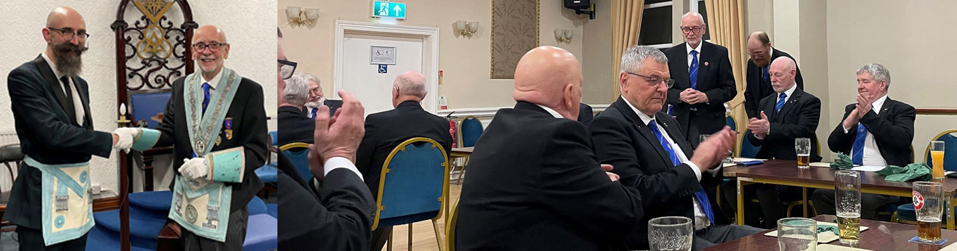 Pictured left: David Rostron (left) being congratulated by John Rhodes. Pictured right: Brethren enjoying the festive board.