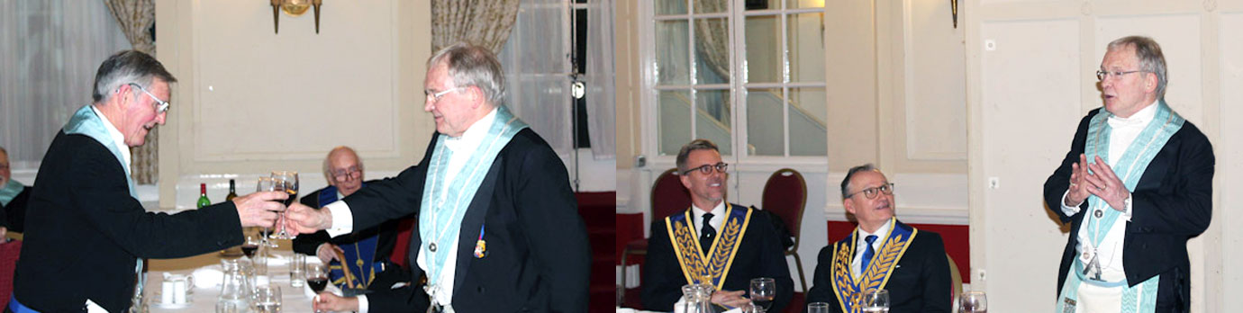 Pictured left: John Donnelly (left) sings the Master’s Song to Roy. Pictured right: Roy thanks all who attended the lodge on this special evening.