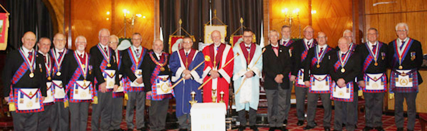 The three principals, with Chris Butterfield, Ian Sanderson, Malcolm Alexander and the Provincial Grand Stewards team.