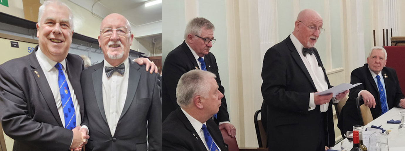 Pictured left: Dave Johnson (left) congratulates the David Briscoe. Pictured right: David Briscoe giving his speech at the festive board.