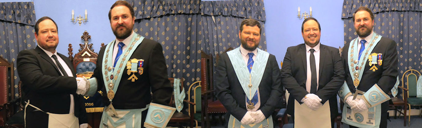 Pictured left: Ben Gardner welcomed by Michael Daly. Pictured right: Stephen Gardner (left) congratulates Ben (centre) with WM Michael Daly