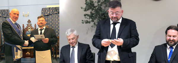 Pictured left: Chris Lyon (left) presents Gary with his initiate’s booklet. Pictured right: Gary responds to the toast to his health