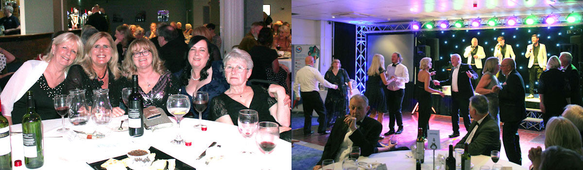 Pictured left: Ladies enjoying the evening. Pictured right: Dancing to the trio The Aim