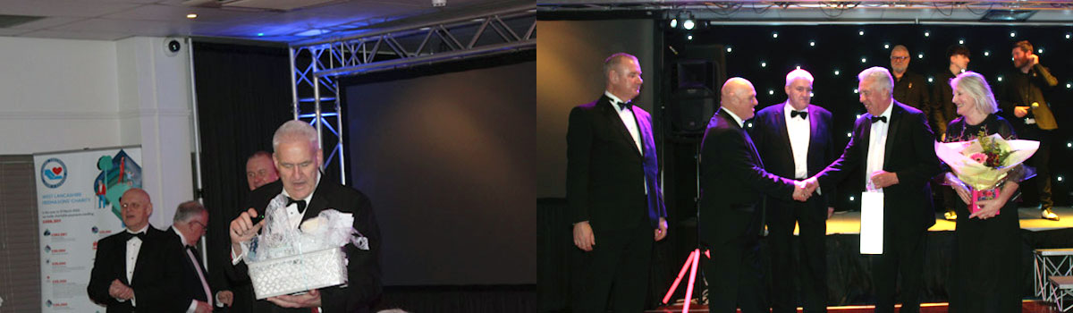 Pictured left: Andrew presenting raffle prizes. Pictured right: David Atkinson (second left) presenting Mark Matthews and his wife Debbie with gifts