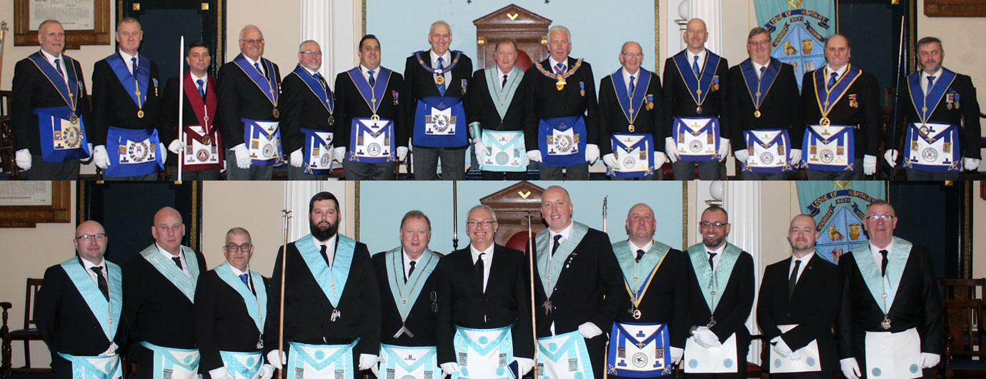 Pictured top: Kevin O’Connell (centre) with grand and Provincial grand officers. Pictured bottom: Brethren of Lodge of Hospitality.