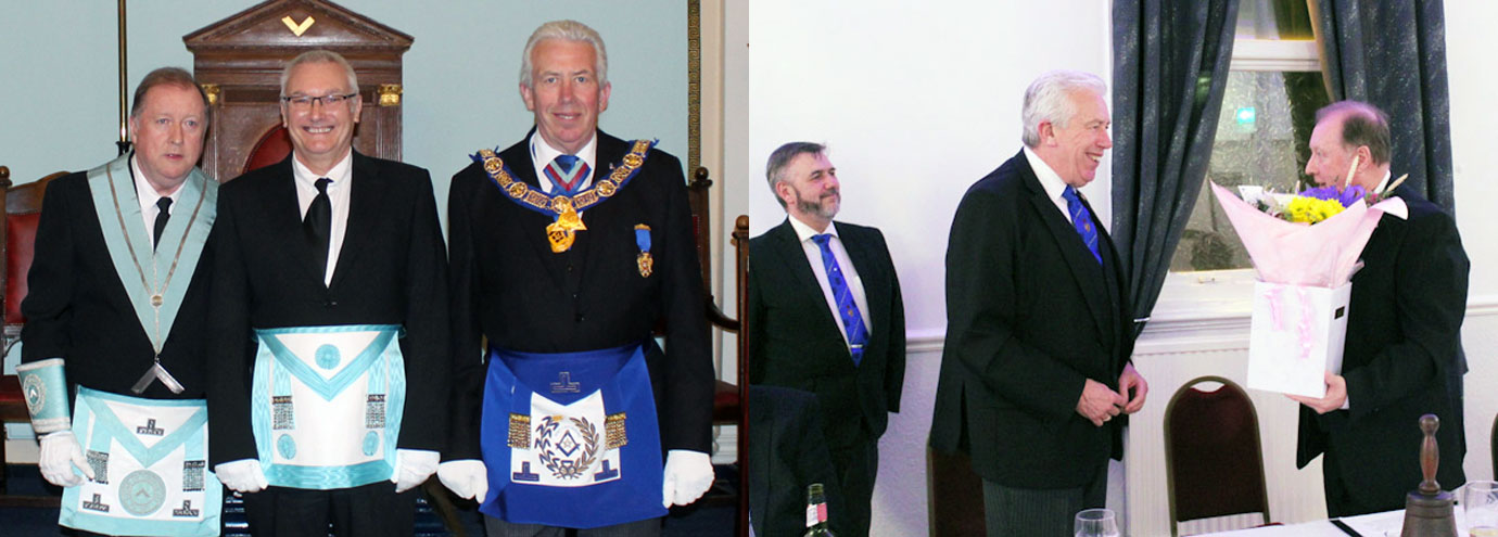 Pictured left from left to right, are: Kevin O’Connell, Ian Wilson and Mark Matthews. Pictured right from left to right, are: Robb Fitzsimmons, Mark Matthews and Kevin O'Connell presenting a bouquet of flowers to Mark.