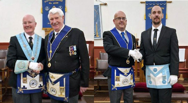 Pictured left: David Lewis (left) welcomes honorary member Norman Prichard. Pictured right: Ian Lynch (left) congratulates Shaun Blythin.
