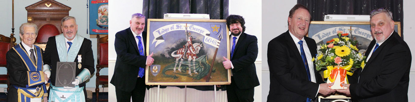 Pictured left: Allan Prescott (left) being presented with the slate by Paul Holden. Pictured centre: Paul Holden (left) and Jonathan Holden. Pictured right: Paul Broadley (left) being presented a gift from the lodge by the WM. 