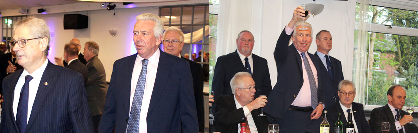 Pictured left: Gareth Jones (left) and Mark Matthews entering the South Eastern Group Dinner. Pictured right: Mark takes wine with the brethren.
