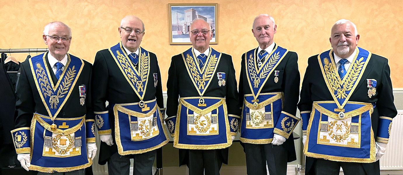 Bryn Lodge grand officers, pictured from left to right, are: Malcolm Taylor, Tony Bent, David Ogden, Stanley Oldfield and Barry Dickinson.