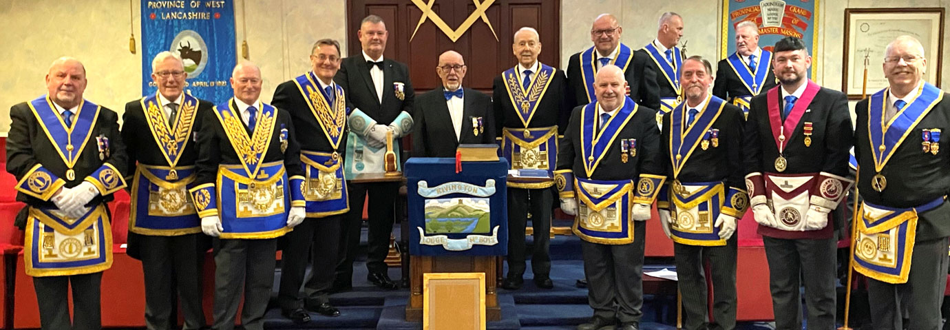 Grand, acting Provincial grand and group officers with Rivington Lodge’s master and master elect.