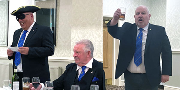 Pictured left: Andrew Parr as the fine master at the festive board. Pictured right: Junior warden Mike Silver singing the song to the visitors.