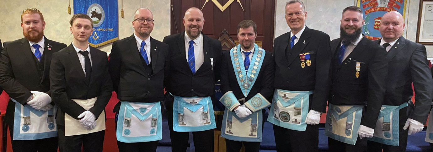 Club team with visiting light blue Masons and new initiates at Tyldesley Lodge No 2572.