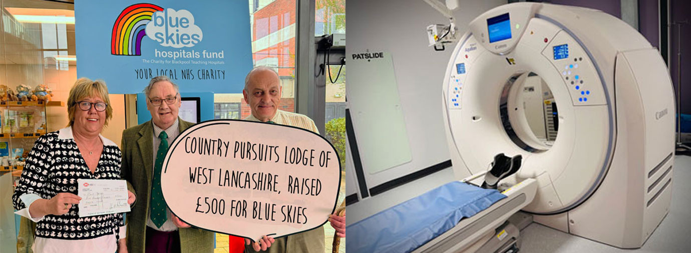 Pictured left from left to right, are: Lynn Peat, receiving the £500 cheque from Mike Casey and Chris Tittley (lodge secretary). Pictured right: The new £500,000 CT scanner supported by local charities including Blue Skies.