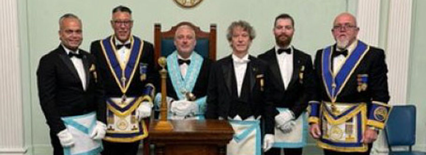The SW Stuart Virgo (seated), with Jorge Perez (second left) and Steve Crane (right) together with the three Dutch visiting brethren. The SW Stuart Virgo (seated), with Jorge Perez (second left) and Steve Crane (right) together with the three Dutch visiting brethren.