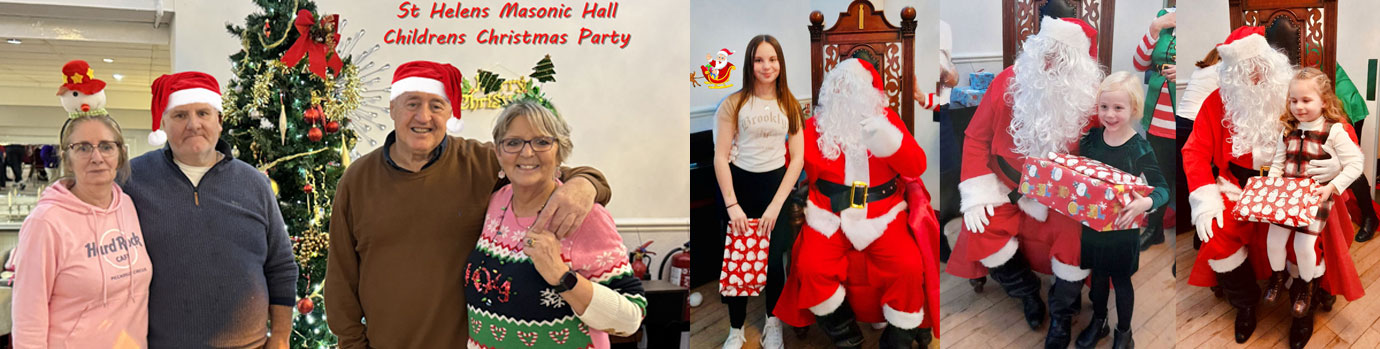 Pictured left: The Masonic Hall team, from left to right, are: Bernie, Andy, Brian and Julie. Pictured right: Father Christmas with the children Pictured left: The Masonic Hall team, from left to right, are: Bernie, Andy, Brian and Julie. Pictured right: Father Christmas with the children
