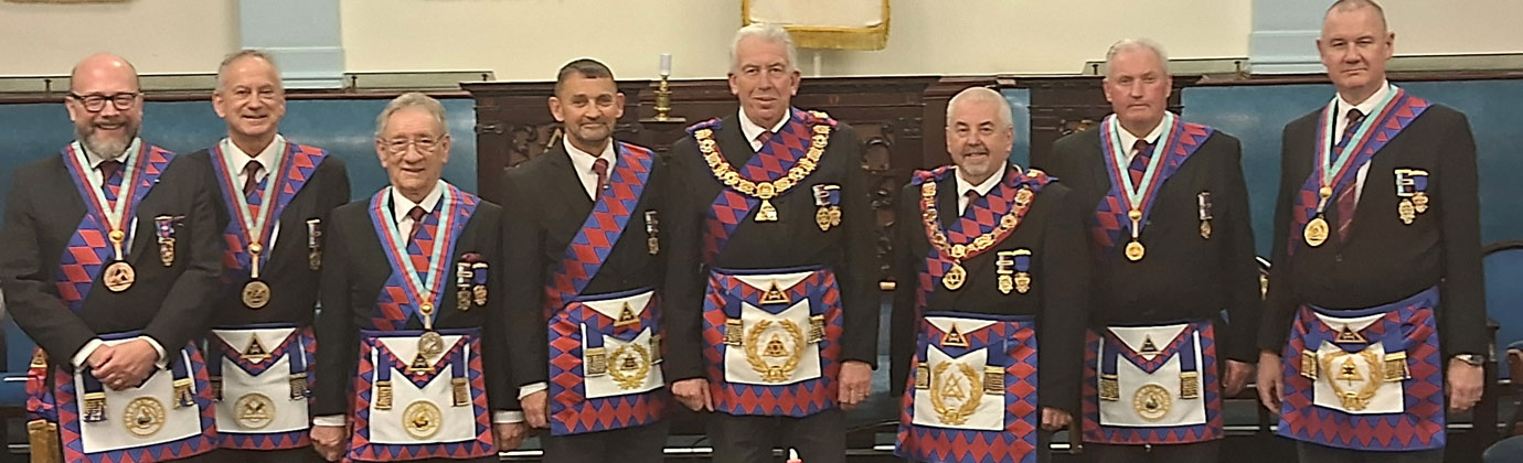 Mark Matthews (centre), surrounded by attending grand and Provincial grand officers. Mark Matthews (centre), surrounded by attending grand and Provincial grand officers.
