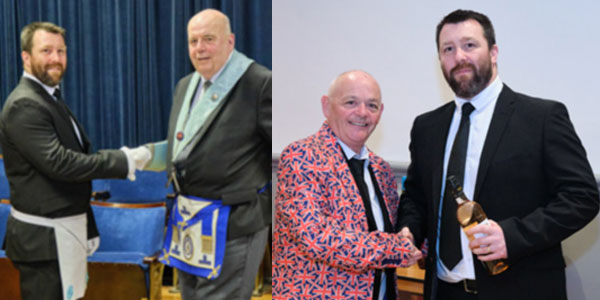 Pictured left: Liam Matzke (left) being congratulated by John Phillips on becoming a fellow craft. Pictured right: John Holding presenting Liam Matzke with a bottle of wine for his raffle prize. Pictured left: Liam Matzke (left) being congratulated by John Phillips on becoming a fellow craft. Pictured right: John Holding presenting Liam Matzke with a bottle of wine for his raffle prize.
