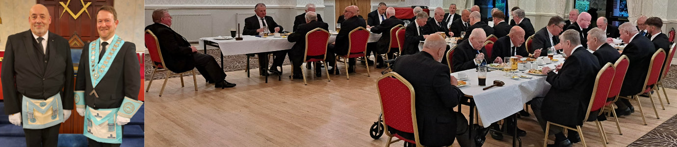 Pictured left from left to right, are: John Harrison (left) and WM David Peacock. Pictured right are brethren enjoying the festive board. Pictured left from left to right, are: John Harrison (left) and WM David Peacock. Pictured right are brethren enjoying the festive board.