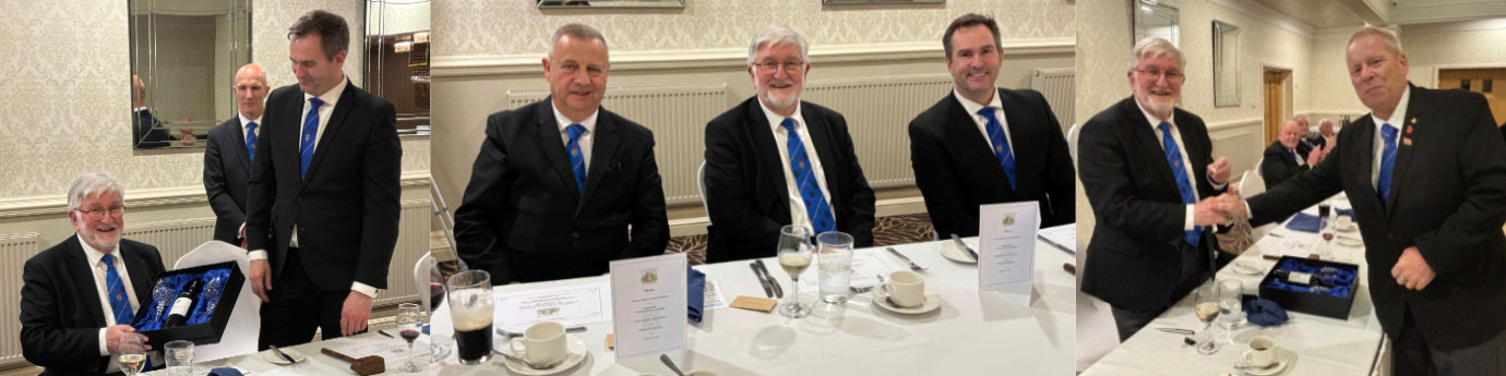 Pictured left: Jason Halstead presents a 50th gift to John Robson on behalf of the lodge. Pictured centre from left to right, are: Peter Lockett, John Robson and Jason Halstead. Pictured right: Rick Winfield (right) presents a 50th lapel badge to John Robson. Pictured left: Jason Halstead presents a 50th gift to John Robson on behalf of the lodge. Pictured centre from left to right, are: Peter Lockett, John Robson and Jason Halstead. Pictured right: Rick Winfield (right) presents a 50th lapel badge to John Robson.