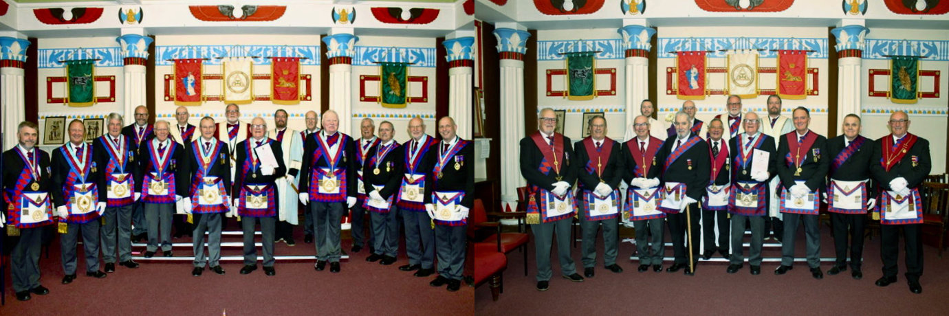 Picture left, Ian Sanderson (centre left) with Peter Connolly (centre right) with grand and Provincial grand lodge officers. Picture right: Companions of Chapter of Liverpool No 292 with Peter Connolly (centre right). Picture left, Ian Sanderson (centre left) with Peter Connolly (centre right) with grand and Provincial grand lodge officers. Picture right: Companions of Chapter of Liverpool No 292 with Peter Connolly (centre right).