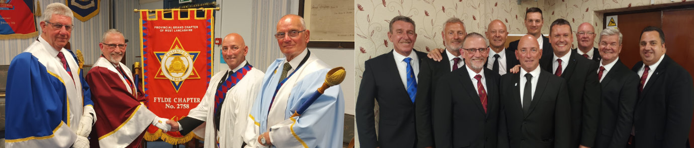 Pictured left from left to right, are: the three principals congratulating companion Chris Keogh (centre right). Pictured right, are: Chris Keogh (centre front) with members of Baines Lodge. Pictured left from left to right, are: the three principals congratulating companion Chris Keogh (centre right). Pictured right, are: Chris Keogh (centre front) with members of Baines Lodge.
