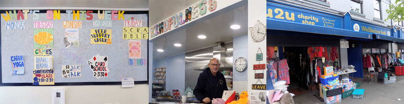 Pictured left: A busy activities board at the coffee club. Pictured centre: John, the coffee bar volunteer. Pictured right: Kindfullness charity shops attached to the centre. Pictured left: A busy activities board at the coffee club. Pictured centre: John, the coffee bar volunteer. Pictured right: Kindfullness charity shops attached to the centre.