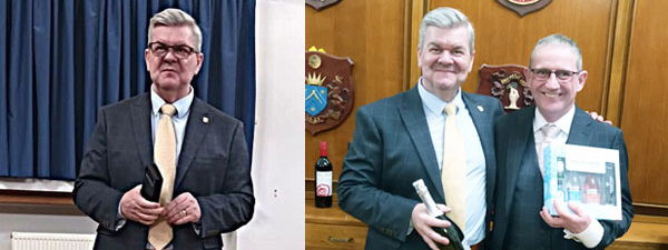 Pictured left: Adrian May giving a thank you speech for the donation received. Pictured right: Adrian May (left) and Geoff Diggles proudly display their raffle prizes. Pictured left: Adrian May giving a thank you speech for the donation received. Pictured right: Adrian May (left) and Geoff Diggles proudly display their raffle prizes.
