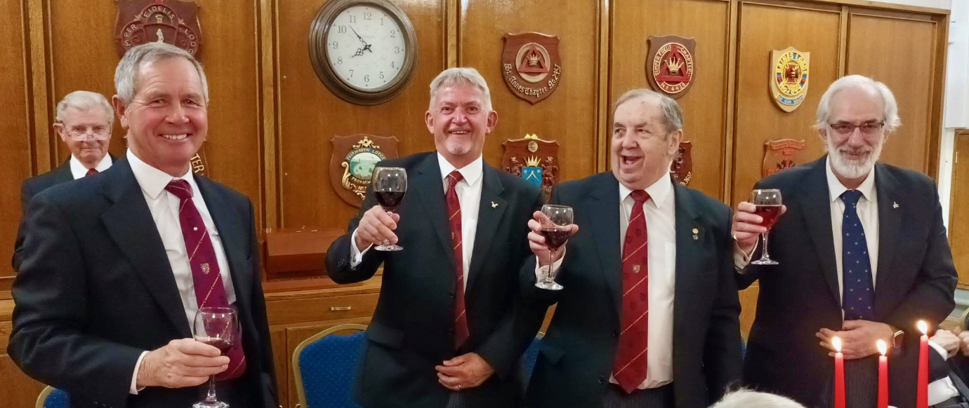 The three principals take wine with the principal guest Stephen Reid. Pictured from left to right, are: Stuart Thornber (background) Stephen Reid, Ian Stirling, John Turpin and Gordon Ivett. The three principals take wine with the principal guest Stephen Reid. Pictured from left to right, are: Stuart Thornber (background) Stephen Reid, Ian Stirling, John Turpin and Gordon Ivett.